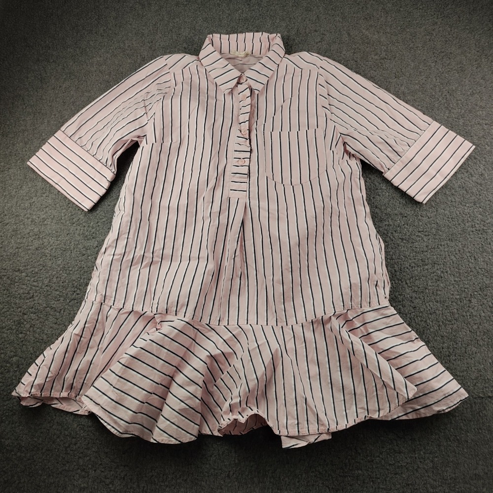 Entro Cotton Shirt Dress Sz Medium Ruffle Hem Pink Navy Stripe Lined Preppy EUC